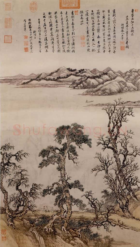 清 王翬 倣李營秋江干七树 书画作品