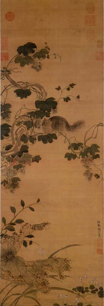 明 周之冕《画葡萄松鼠》书画作品