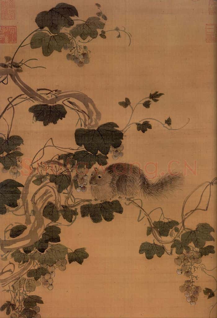 明 周之冕《画葡萄松鼠》书画作品