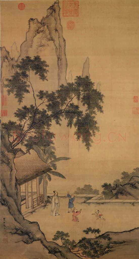 明 周臣《画闲看儿童捉柳花句意》书画作品