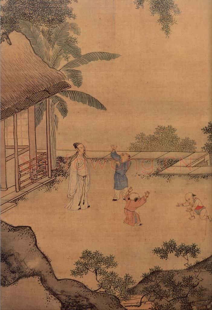 明 周臣《画闲看儿童捉柳花句意》书画作品