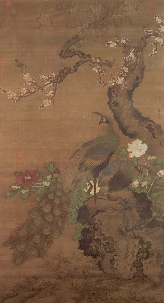 明 吕纪《杏花孔雀》书画作品