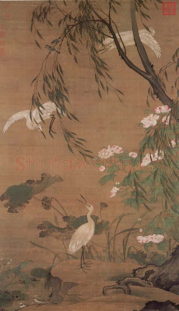 明 吕纪《秋鹭芙蓉图》书画作品