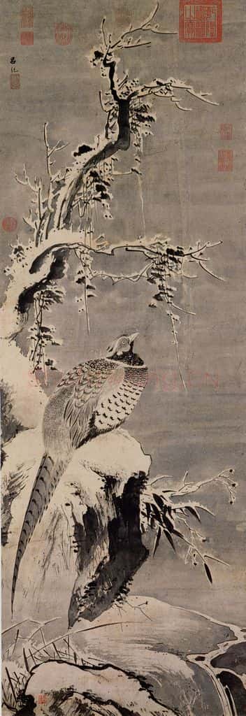 明 吕纪《寒雪山鸡图》书画作品