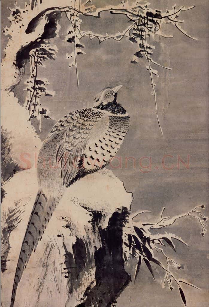 明 吕纪《寒雪山鸡图》书画作品