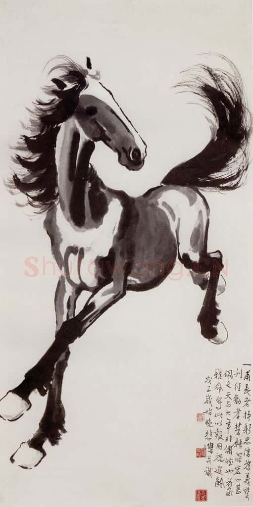 现代 徐悲鸿《墨笔奔马图》书画作品