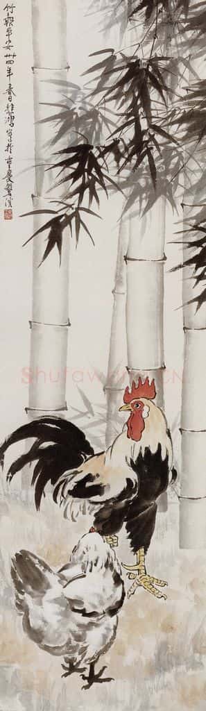 现代 徐悲鸿《闻鸡图》书画作品