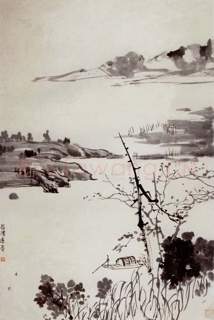 现代 徐悲鸿《秋江扁舟图轴》书画作品