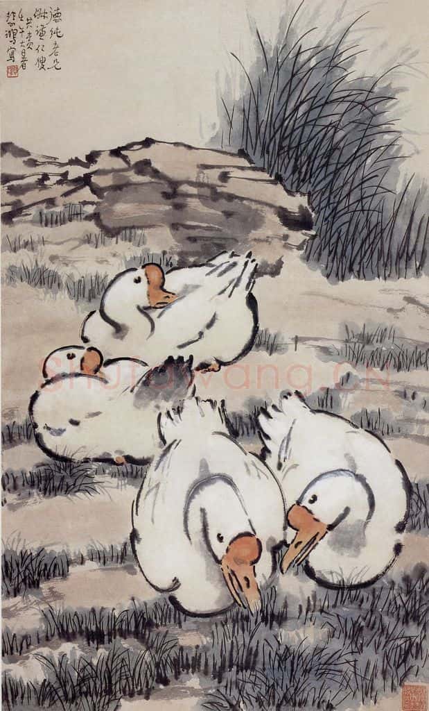 现代 徐悲鸿《四鹅图立幅》书画作品