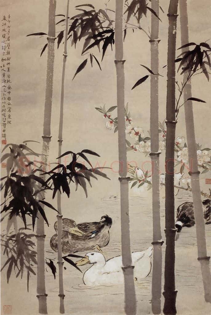 现代 徐悲鸿《徐悲鸿 谢稚柳 黄君璧作春江水暖图》书画作品