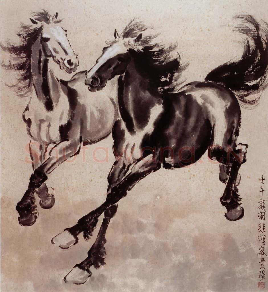 现代 徐悲鸿《草原双骏》书画作品