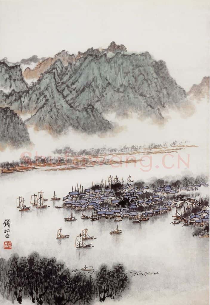 20世纪70年代后期 钱松岩《江上小景》书画作品