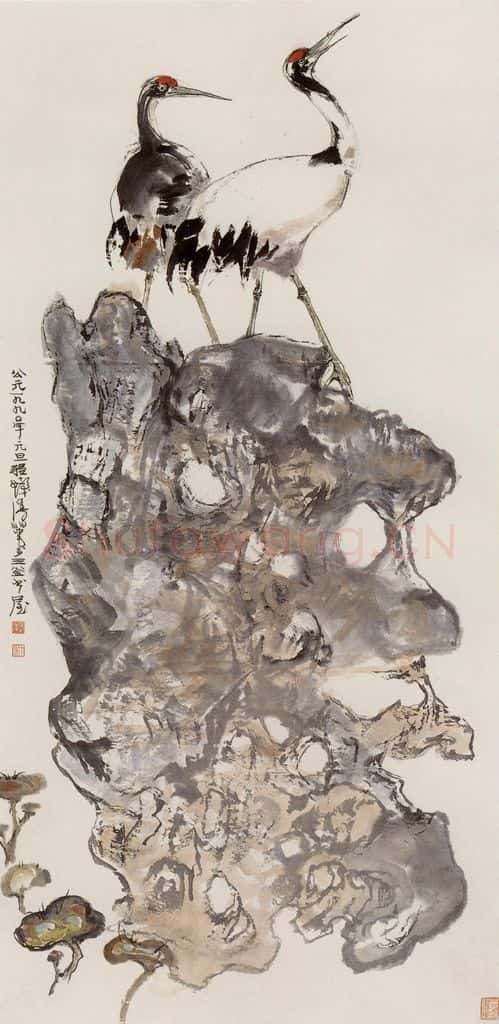 1990年 程十发《鹤寿图》书画作品