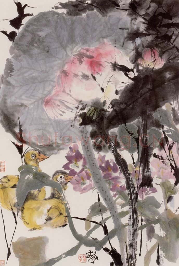 1977年 程十发《荷塘水鸭》书画作品