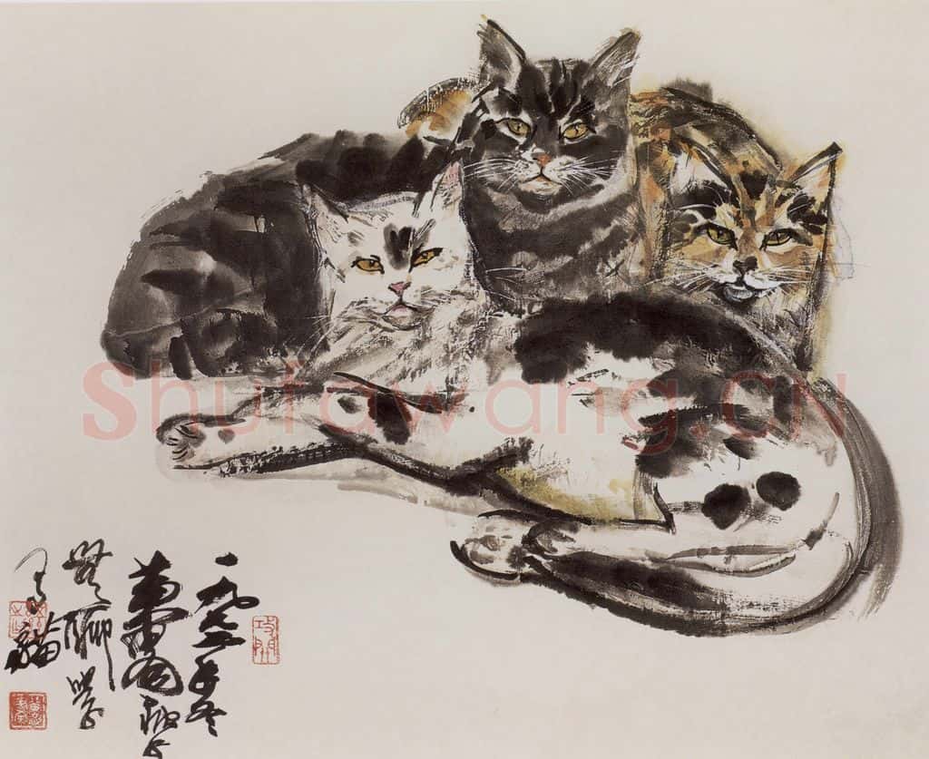 1977年 黄胄《三猫》书画作品