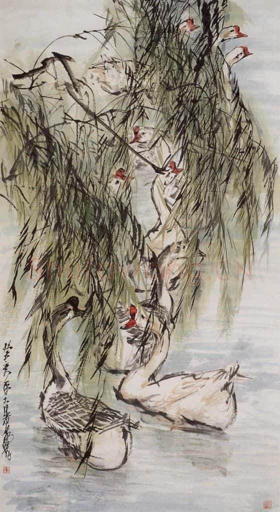 1983年 黄胄《柳下群鹅》书画作品