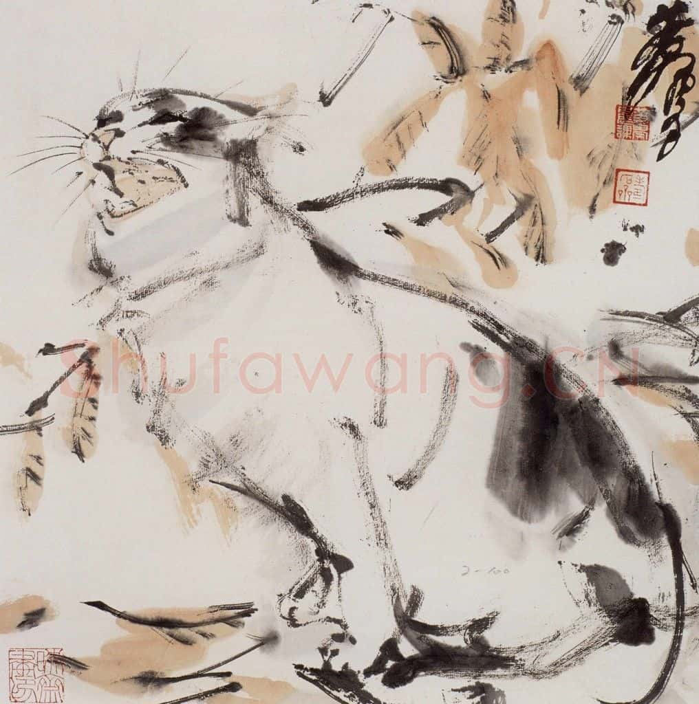 1983年 黄胄《秋叶白猫》书画作品