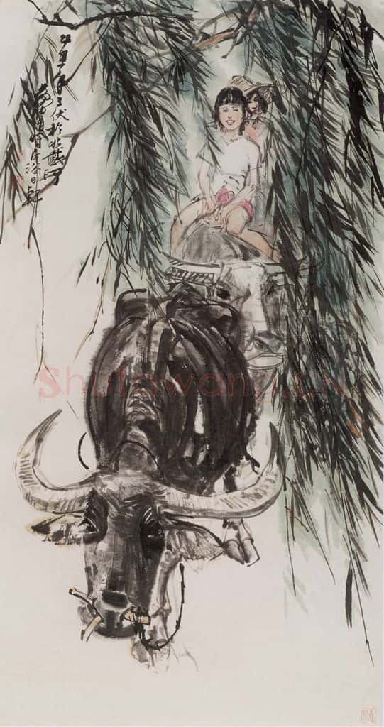 1985 黄胄《柳阴牧牛》书画作品