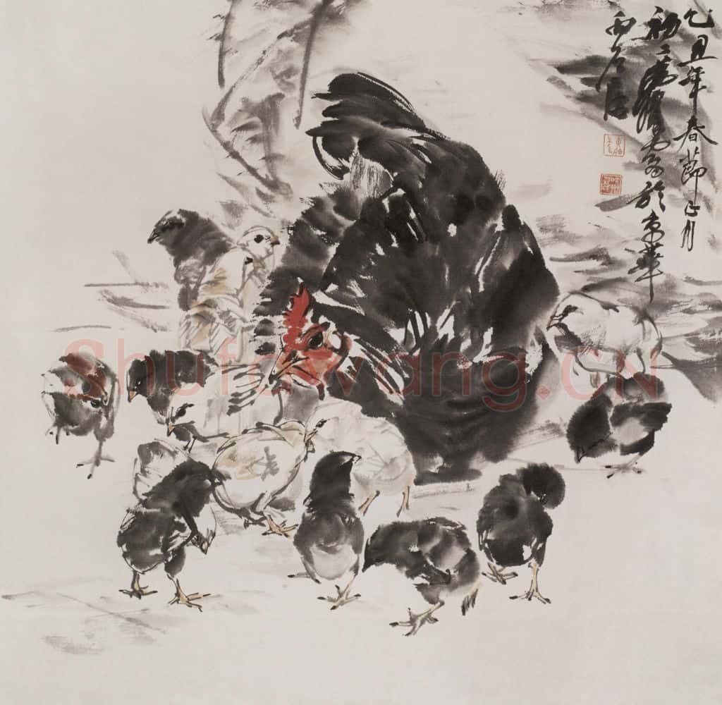 1985 黄胄《母子鸡》书画作品