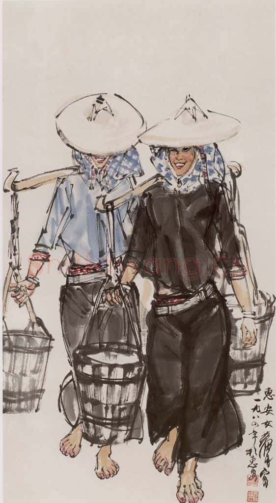 1984 黄胄《惠安女挑水》书画作品