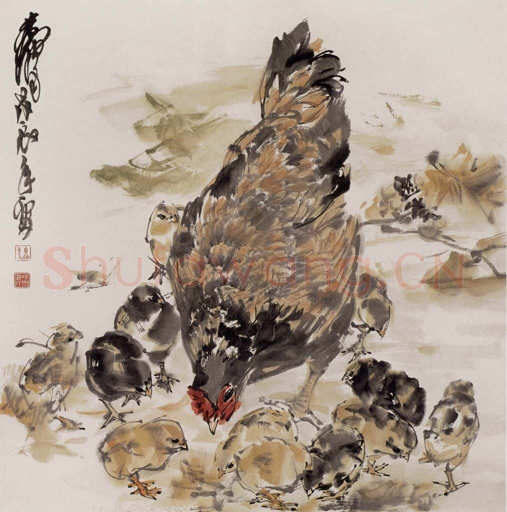 1988年 黄胄《母子鸡》书画作品