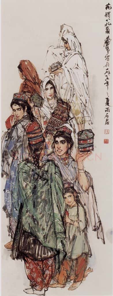 1986年 黄胄《花帽巴扎》书画作品