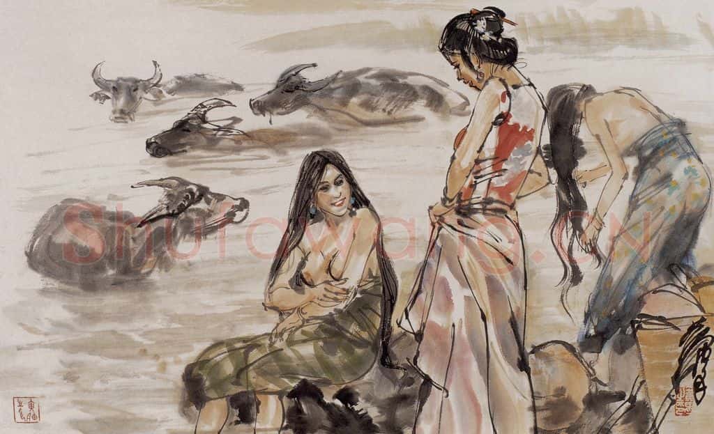 1987年 黄胄《沐浴》书画作品