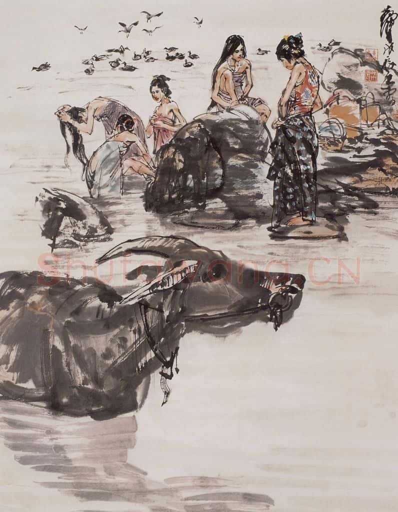 1988年 黄胄《沐浴》书画作品