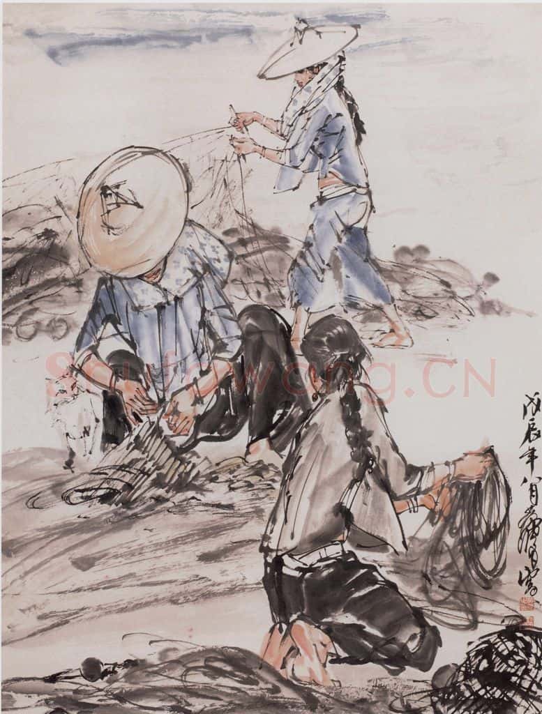 1988年 黄胄《织网》书画作品