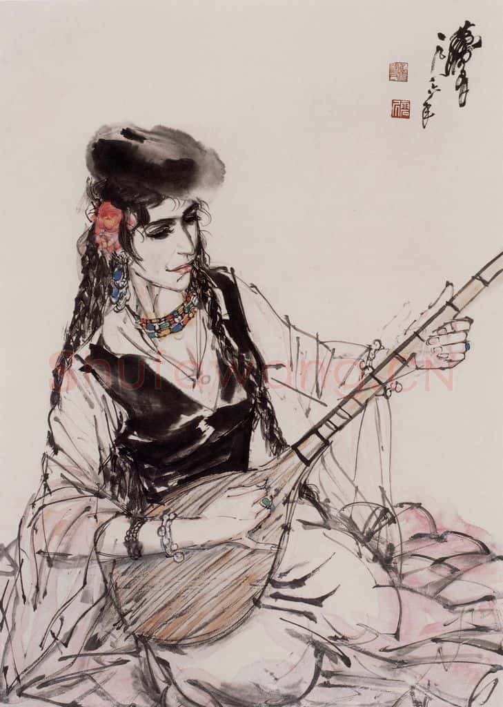1986年 黄胄 弹琴少女 书画作品