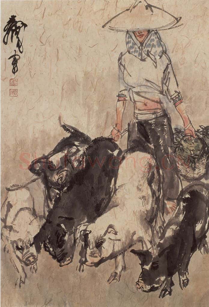 1992年 黄胄 喂猪 书画作品