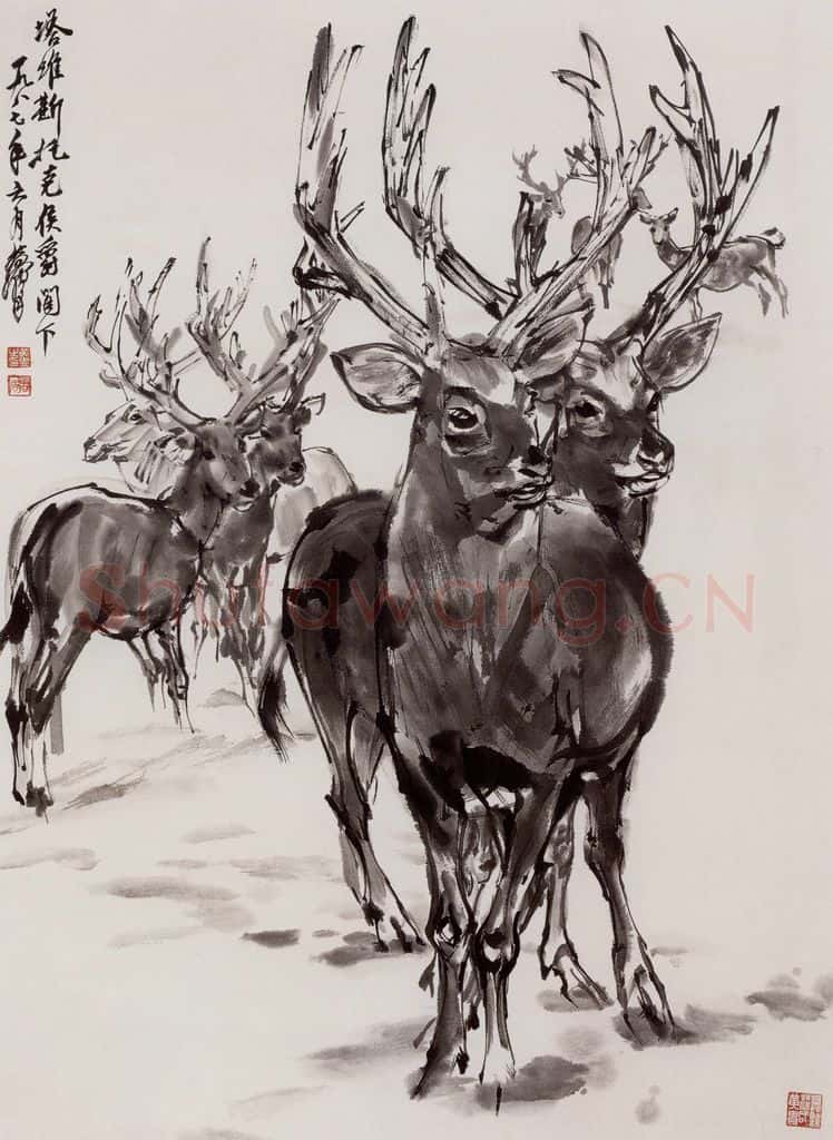 1987年 黄胄《群鹿》书画作品