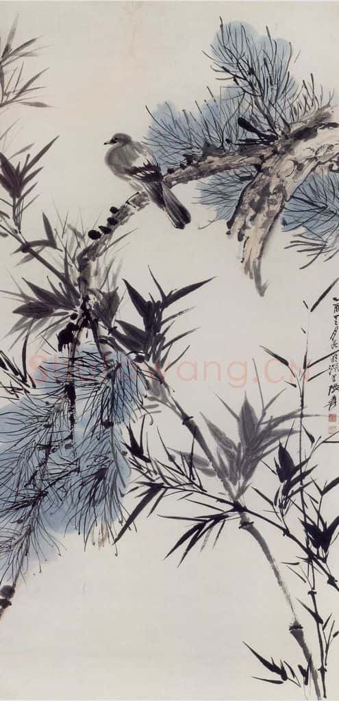  张大千 松竹斑鸠图 书画作品