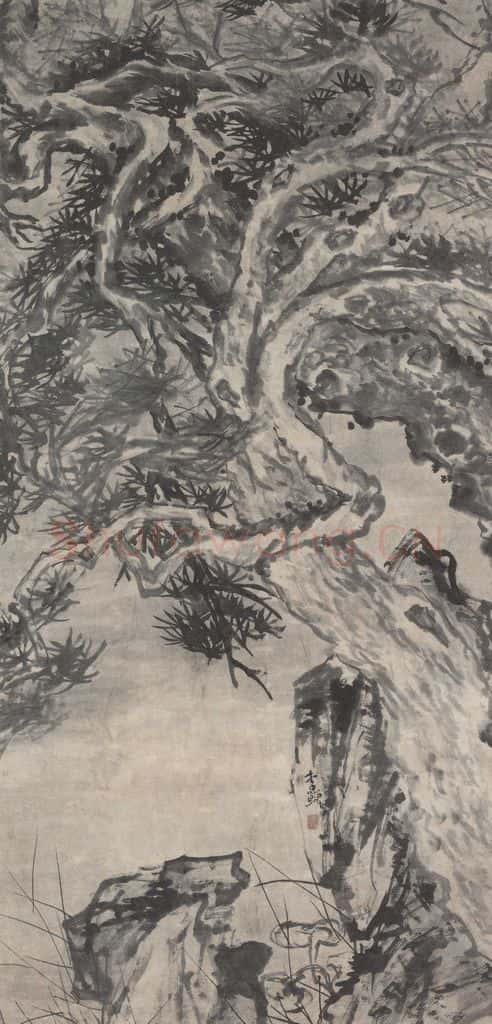 清 李鱓《双松芝石图》书画作品