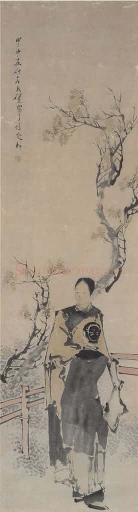 清 任熏《紫薇仕女图》书画作品