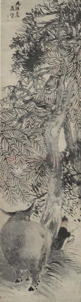 清 任颐《牧童攻读图》书画作品