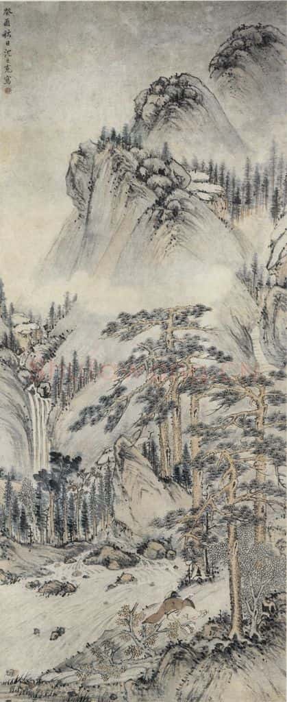 明 沈士充《松荫听瀑图》书画作品