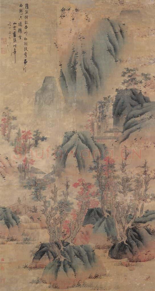 明 蓝瑛《白云红树图》书画作品