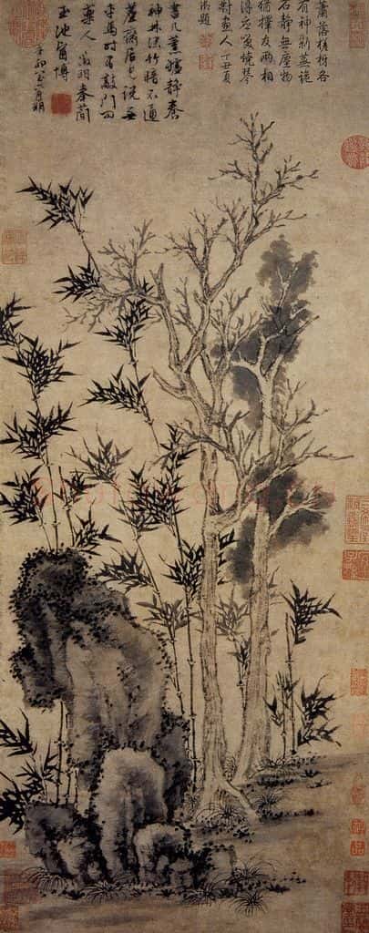 明 文徵明《双柯竹石图轴》书画作品