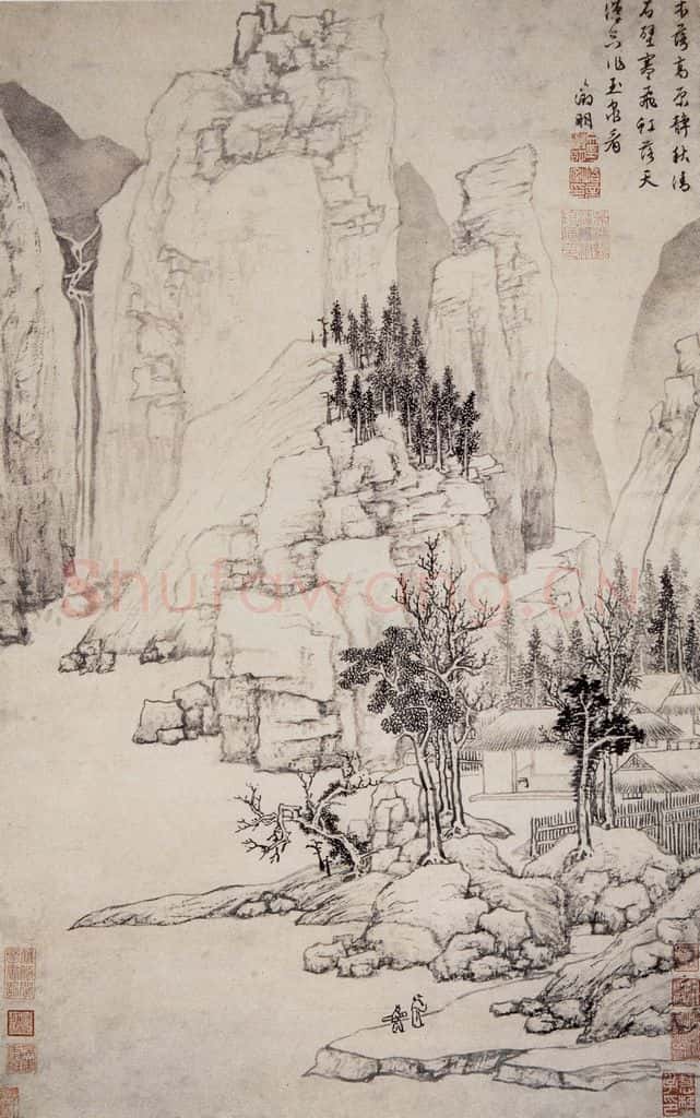 明 文徵明《石壁飞虹图轴》书画作品