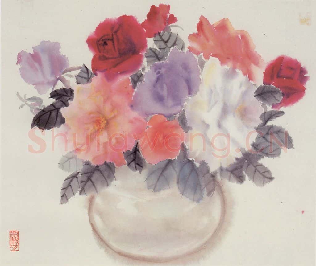 80年代 萧淑芳 瓶花月季 书画作品
