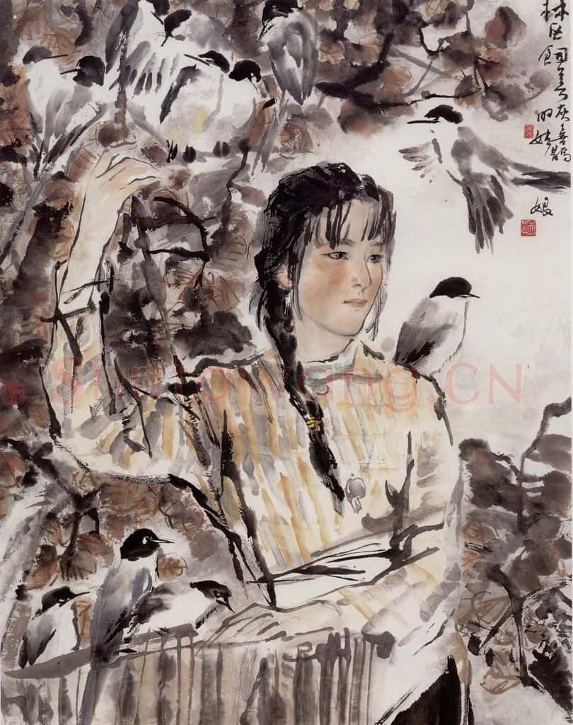 1980年 吴山明《灰喜鹊饲养女》书画作品