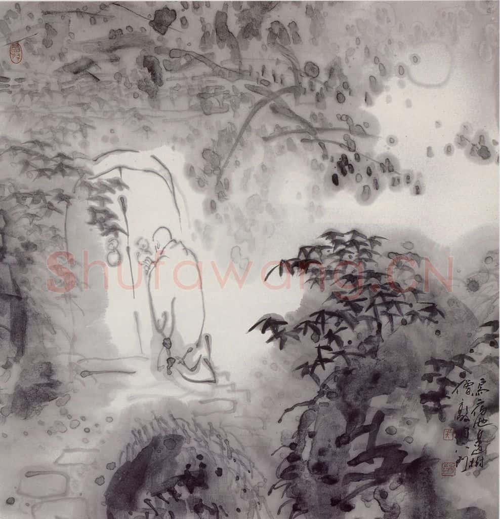 1989年 吴山明《僧敲月下门》书画作品