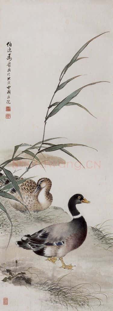 1959年 马晋《湖畔双鸭》书画作品