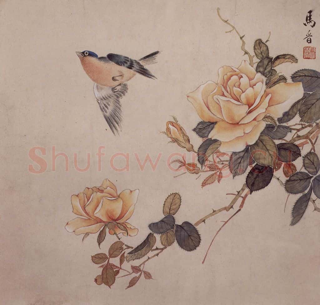 1961年 马晋《月季小鸟》书画作品
