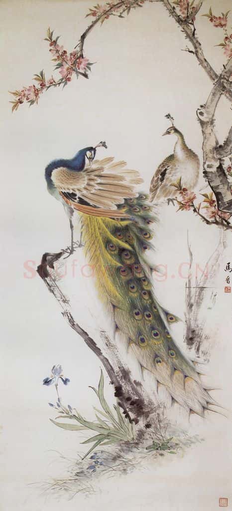 1964年 马晋《桃花孔雀》书画作品