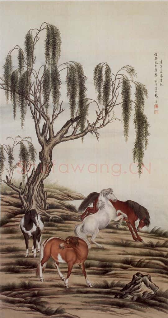 1930年 马晋《柳下四骏》书画作品