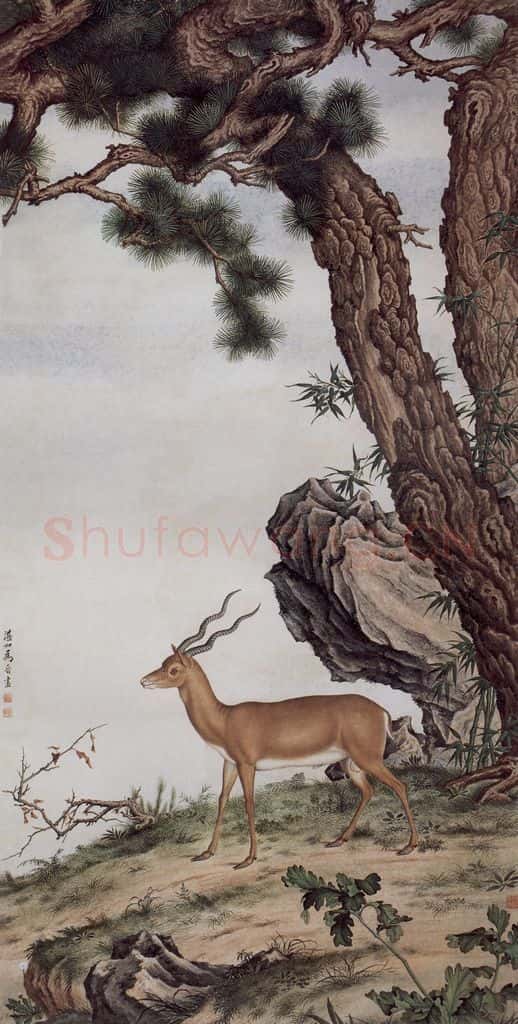 1922年 马晋《临郎世宁羚羊图》书画作品