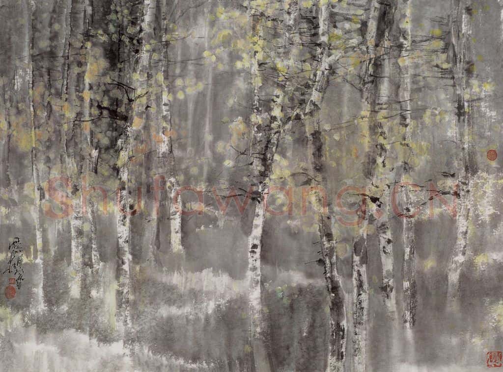 近现代 宋雨桂《小白桦》书画作品