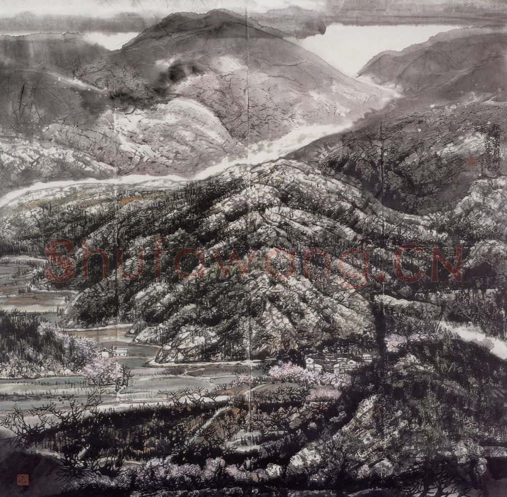 王晋元《桃花染僻乡》书画作品
